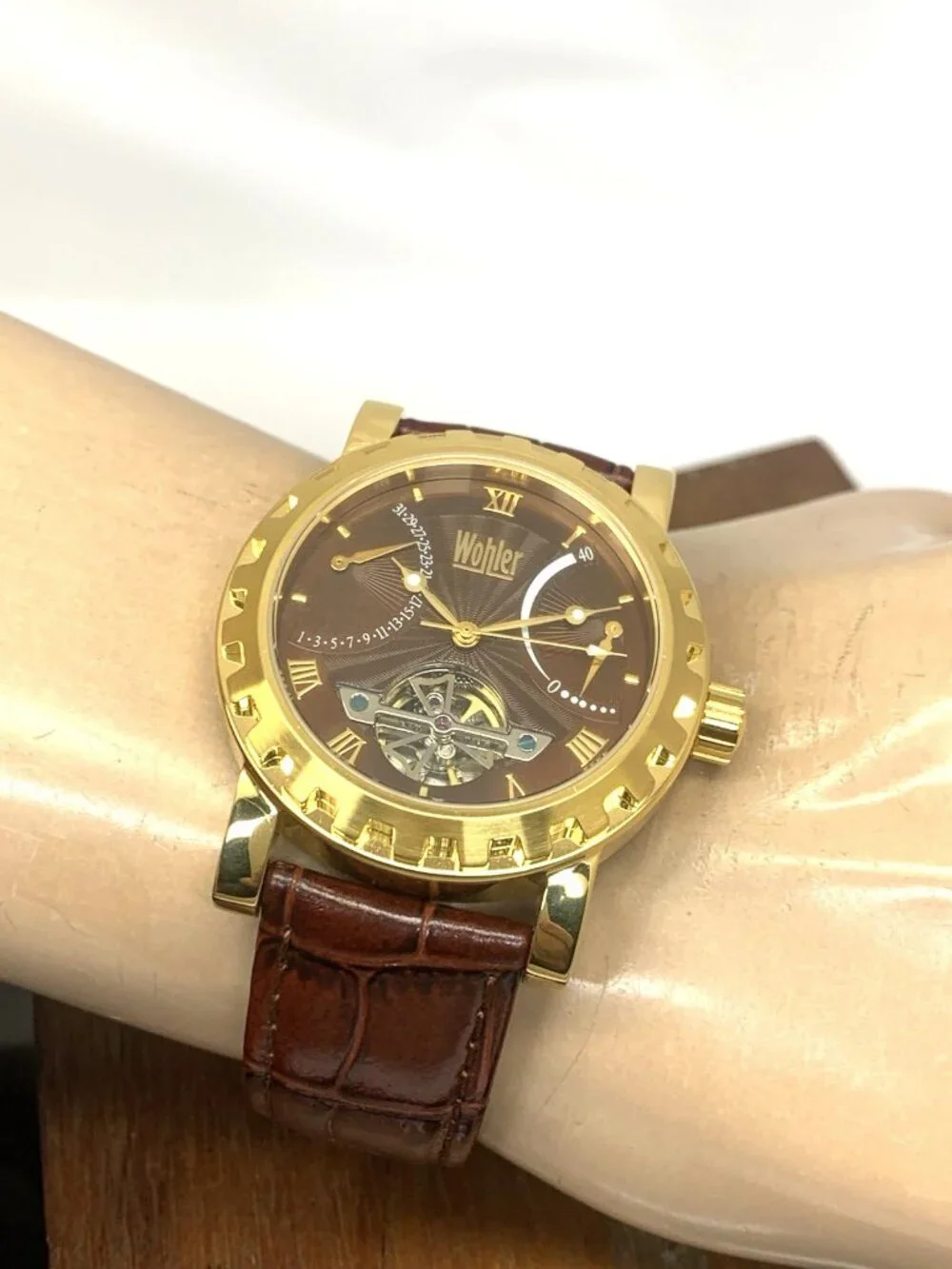 Wohler Men's Watch Automatic Gold Tone Case Brown Dial Leather Strap 42mm